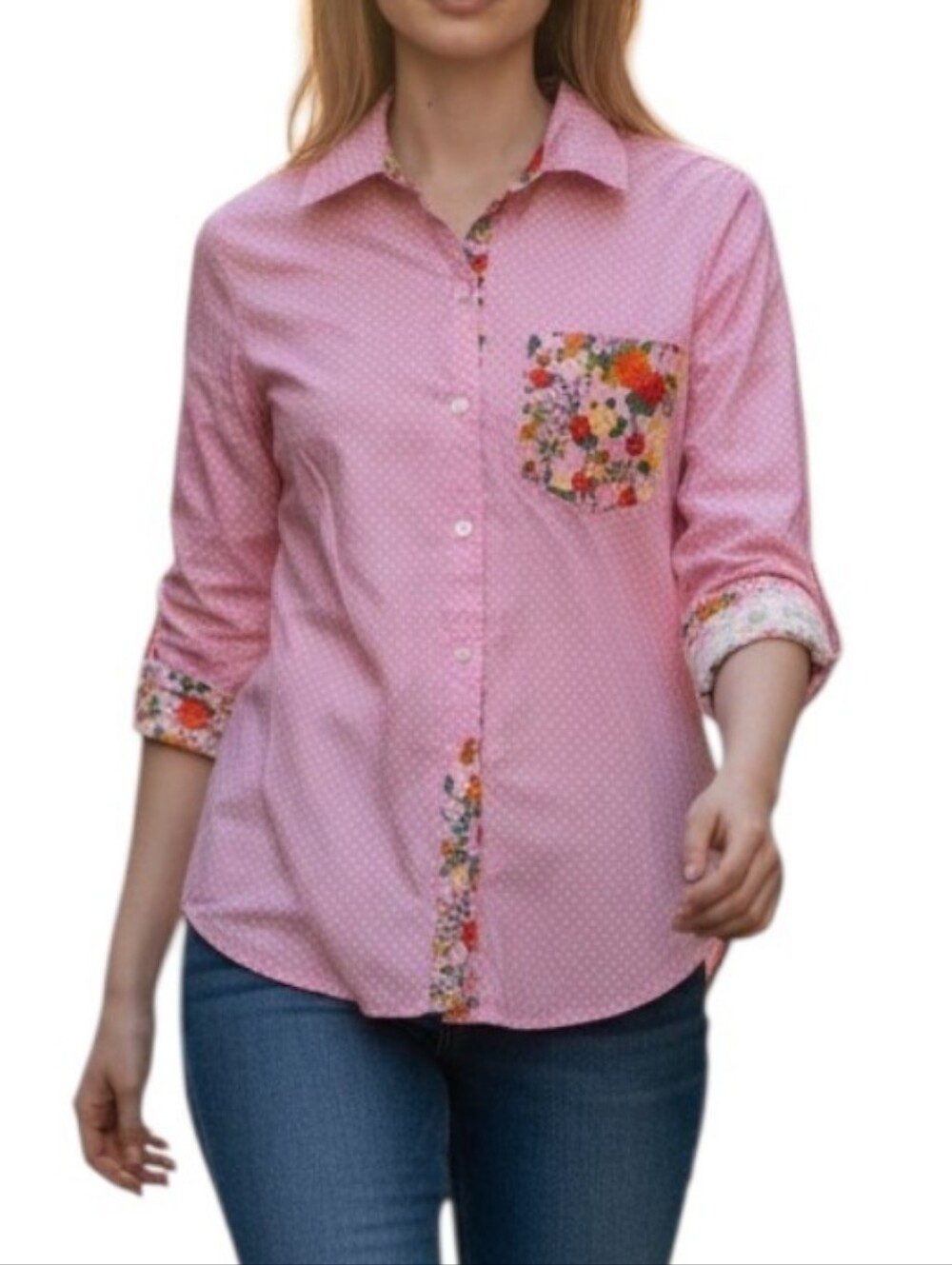 Susan Graver Baby Pink Polkadot Cottagecore Button Down Shirt